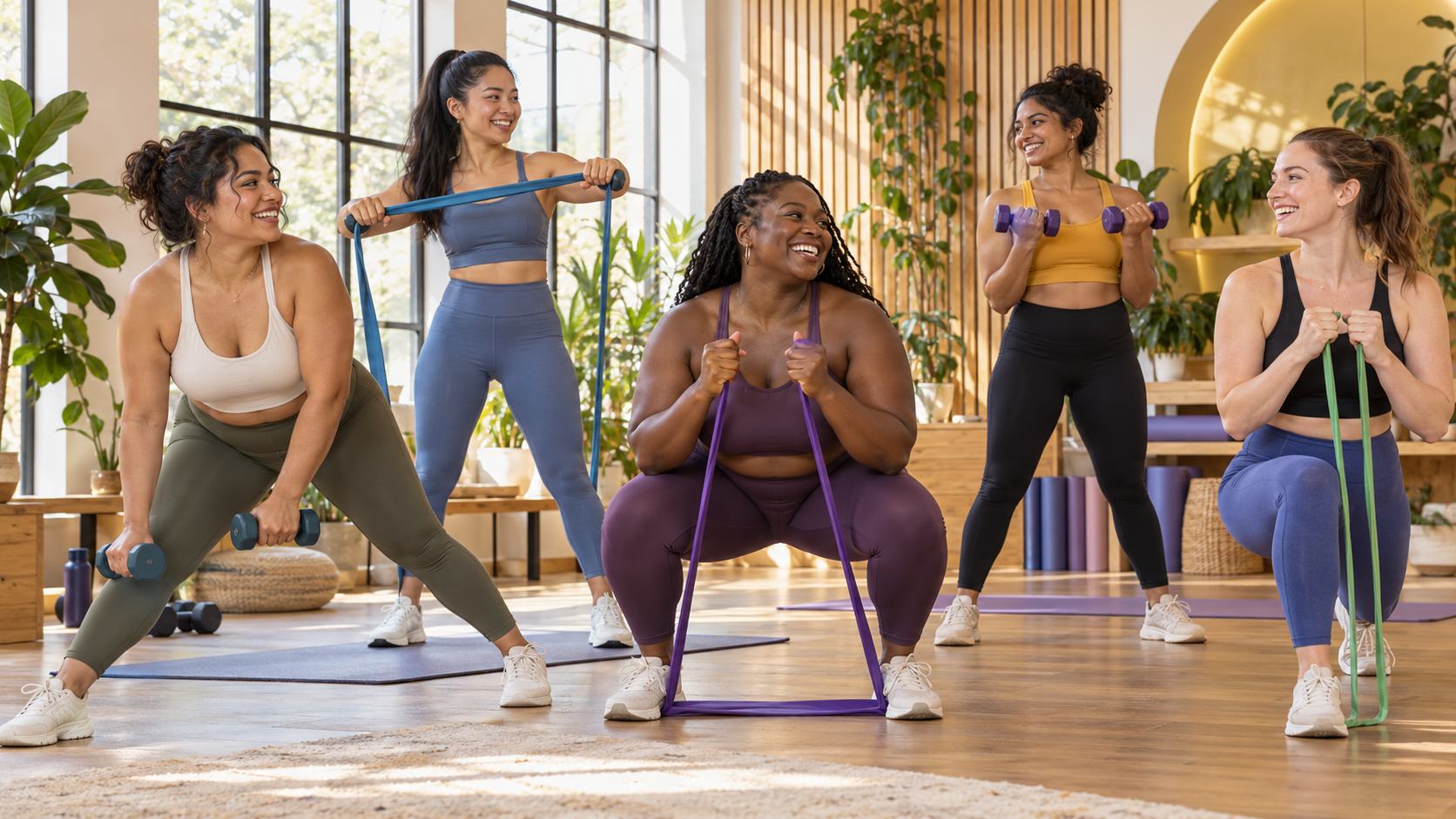 Women of different ages and backgrounds enjoying an accessible strength workout together